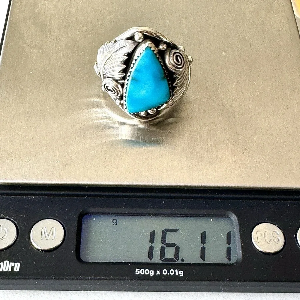 Navajo Turquoise Mens Ring Sz 12 Leaf Feather Signed Morgan Sterling Native Amer
